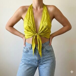 Rezek Donna Halter Top Womens XS Dijon Yellow Rayon Viscose Retro Satin Rave